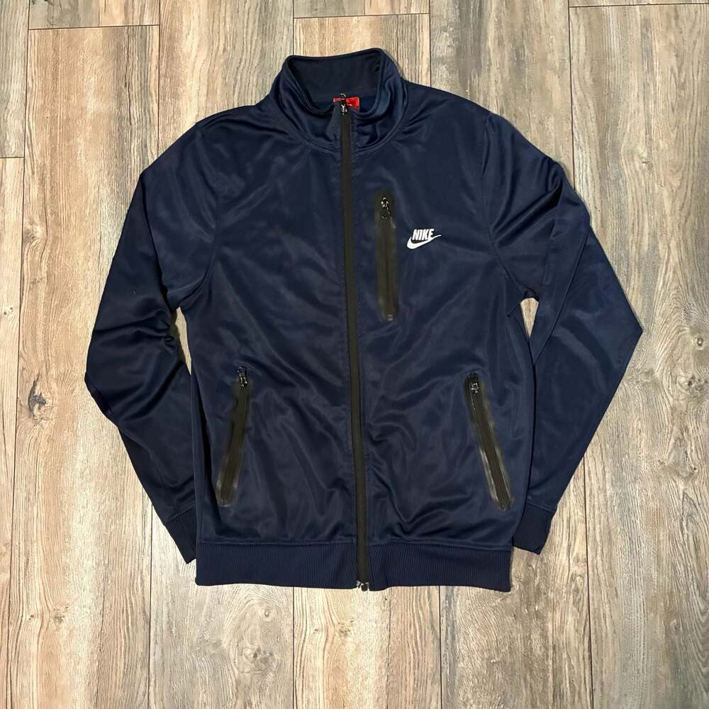 Vintage 90s Nike Track Jacket Men L Navy Blue White Swoosh Polyester Embroidered